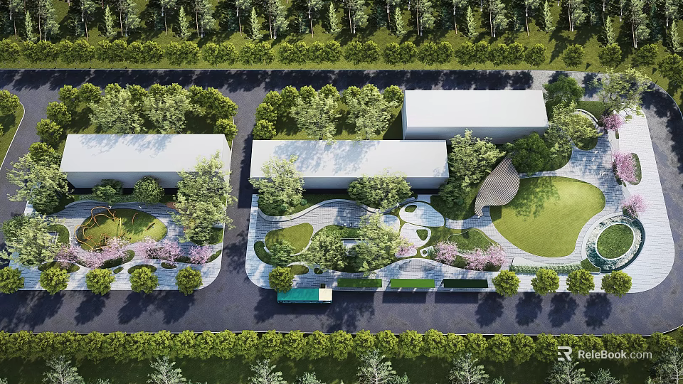 Scenic Urban Park Landscape With Cherry Trees Green Lawns Curved Paths And White Buildings 3d model 