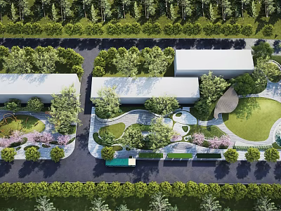Scenic Urban Park Landscape With Cherry Trees Green Lawns Curved Paths And White Buildings 3d model