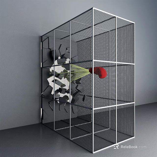 Cubic Metal Grid Structure with Colorful Geometric Shapes Green Lines Red Sphere Black White Blocks 3d model 