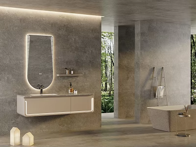 Modern Bathroom Interior With Wall Mounted Washbasin Lighted Mirror Concrete Walls Bathtub And Natural View 3d model