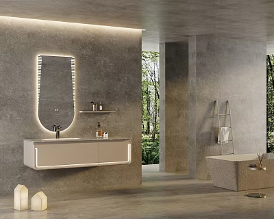 Modern Bathroom Interior With Wall Mounted Washbasin Lighted Mirror Concrete Walls Bathtub And Natural View 3d model