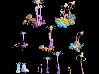 Cartoon Scene Featuring Fantasy Plants Colorful Mushrooms And Vibrant Flower Stems 3d model