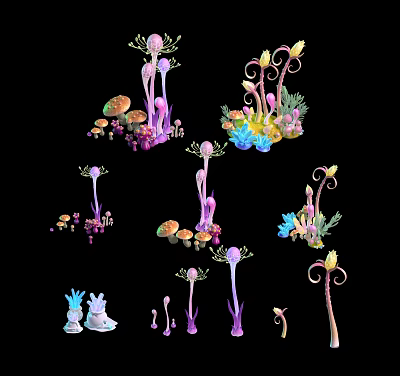 Cartoon Scene Featuring Fantasy Plants Colorful Mushrooms And Vibrant Flower Stems 3d model