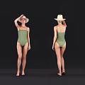 Woman In Green One Piece Swimsuit With Straw Hat Different Angles Display On Black Background