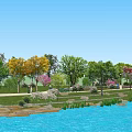 Waterfront Landscape Design with Calm Water Green Trees Colorful Foliage and Natural Shoreline