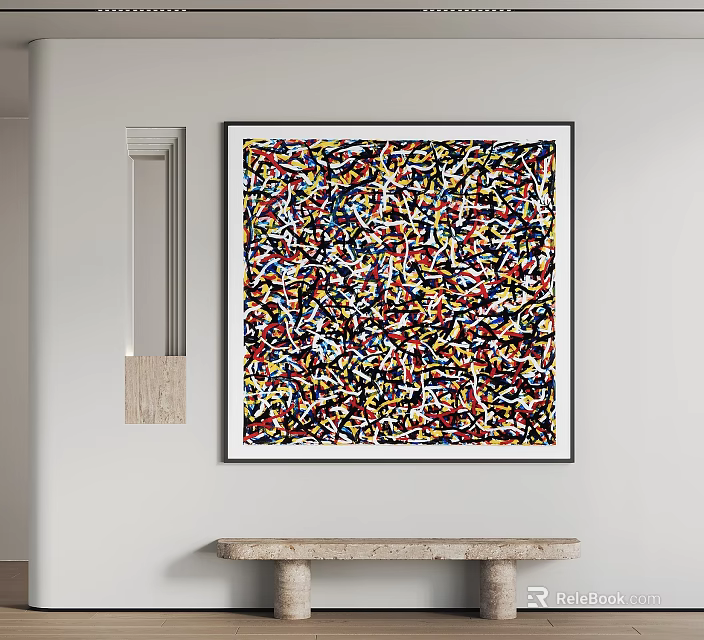 Colorful Abstract Painting Hanging on White Wall With Wooden Decor and Stone Bench 3d model