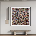Colorful Abstract Painting Hanging on White Wall With Wooden Decor and Stone Bench 3d model