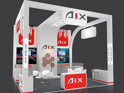 AIX Exhibition Booth With Modern White Red Design Display Screens And White Chairs 3d model
