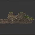 Ancient Stone Ruins With Moss Covered Walls And Green Plants On Pavement