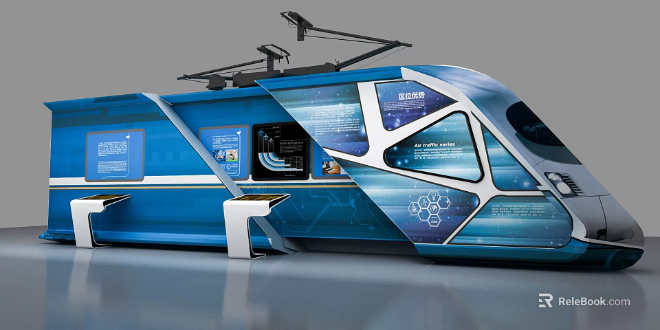 Blue Train Shaped Tech Exhibition Hall With Interactive Digital Screens And Graphics 3d model