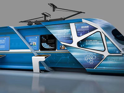 Blue Train Shaped Tech Exhibition Hall With Interactive Digital Screens And Graphics 3d model
