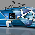 Blue Train Shaped Tech Exhibition Hall With Interactive Digital Screens And Graphics 3d model