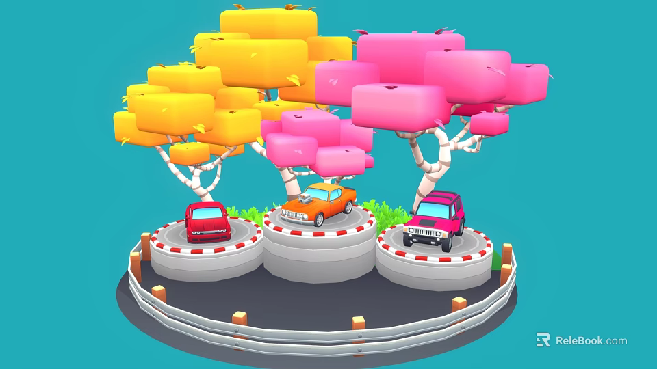 Colorful Cartoon Trees With Yellow Pink Block Shaped Canopies And White Trunks On Blue Background 3d model 