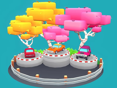 Colorful Cartoon Trees With Yellow Pink Block Shaped Canopies And White Trunks On Blue Background 3d model