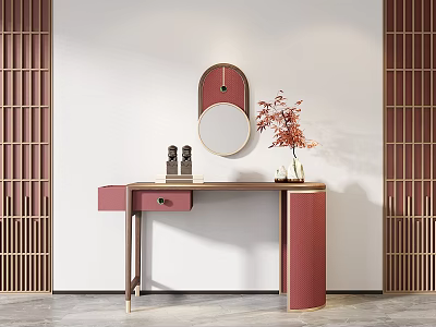 Modern Red Wooden Dressing Table With Circular Mirror Vase And Red Flowers Wooden Lattice Interior 3d model