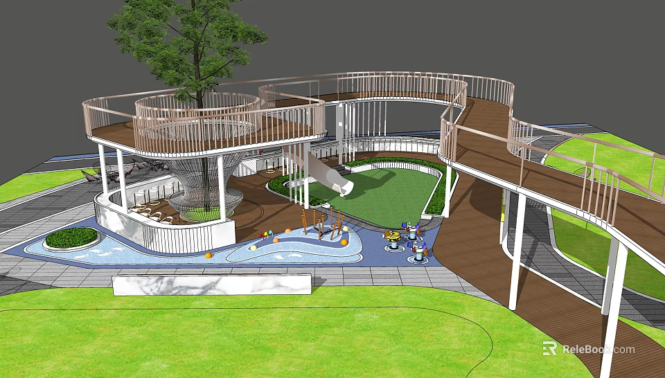 Spiral Pergola Structure In Children's Play Area With Slide Water Feature And Lawn 3d model 