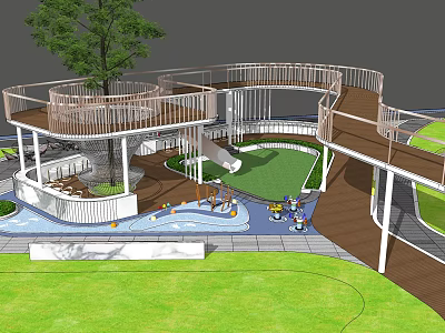 Spiral Pergola Structure In Children's Play Area With Slide Water Feature And Lawn 3d model