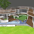 Spiral Pergola Structure In Children's Play Area With Slide Water Feature And Lawn