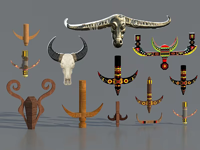 Decorative Wall Hangings With Bull Horns Bull Skull And Various Traditional Designs 3d model