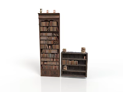 Tall And Short Dark Wooden Bookcases Filled With Books And Small Decor On Top 3d model