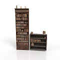 Tall And Short Dark Wooden Bookcases Filled With Books And Small Decor On Top