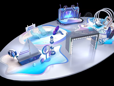 Contemporary Art Installation With Geometric Structures Blue Lighting And Transparent Elements 3d model