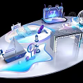 Contemporary Art Installation With Geometric Structures Blue Lighting And Transparent Elements