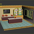 Small Kitchen Interior With Orange Counter Blackboard Menu Colorful Bowls Shelves And Blue Tiled Floor