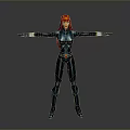 Woman with red hair wearing blue tight suit and black belt arms outstretched
