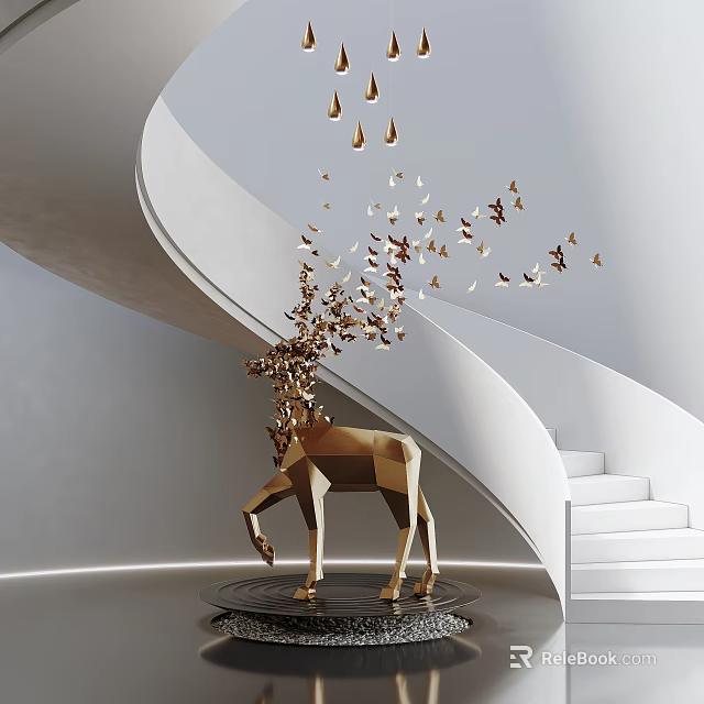 Golden Geometric Deer Sculpture With Butterfly Leaf Shaped Decorations Flying Upward Next To Spiral Staircase 3d model 