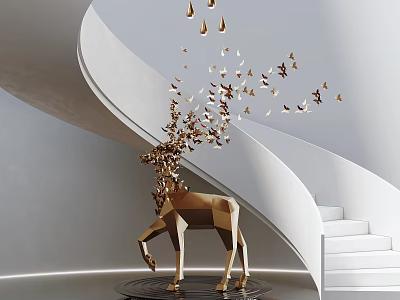 Golden Geometric Deer Sculpture With Butterfly Leaf Shaped Decorations Flying Upward Next To Spiral Staircase 3d model
