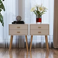 Modern White Bedside Tables with Drawers Wooden Handles Books Decorative Ornament Red Vase White Flowers