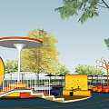 Colorful Outdoor Playground Activity Space With Slides Trees Seating And Play Structures