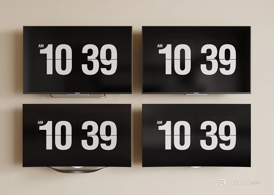 Four Flat Screen TVs Displaying Time On Wall 3d model 