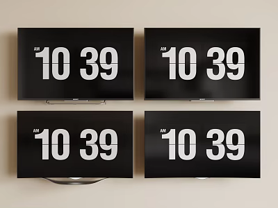 Four Flat Screen TVs Displaying Time On Wall 3d model