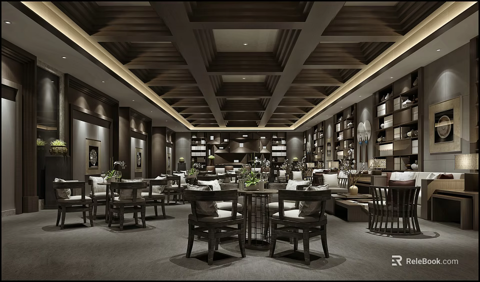 Traditional Chinese Leisure Area Interior With Wooden Furniture Bookshelves And Green Plants 3d model 