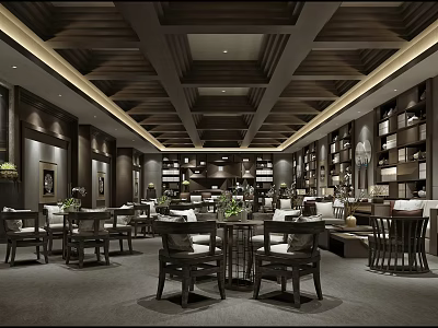 Traditional Chinese Leisure Area Interior With Wooden Furniture Bookshelves And Green Plants 3d model