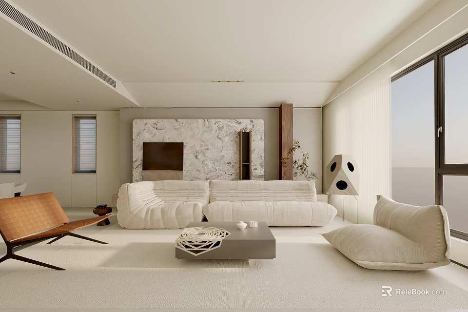 Modern Minimalist Living Room With White Sofa Marble Accent Wall And Floor to Ceiling Windows 3d model 