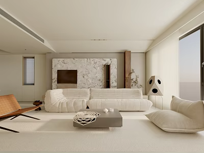 Modern Minimalist Living Room With White Sofa Marble Accent Wall And Floor to Ceiling Windows 3d model