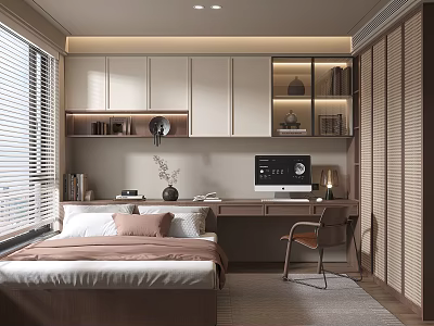 Tatami Bedroom Interior Design With Window Blinds Bookshelves Desk And Computer 3d model