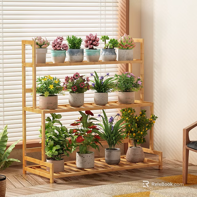 Indoor Multi Tiered Bamboo Plant Stand With Various Potted Flowering And Green Plants 3d model 