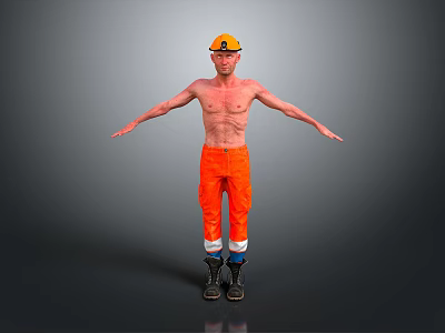 Shirtless Worker In Yellow Hard Hat And Orange Work Pants With Black Boots Arms Outstretched 3d model