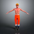 Shirtless Worker In Yellow Hard Hat And Orange Work Pants With Black Boots Arms Outstretched