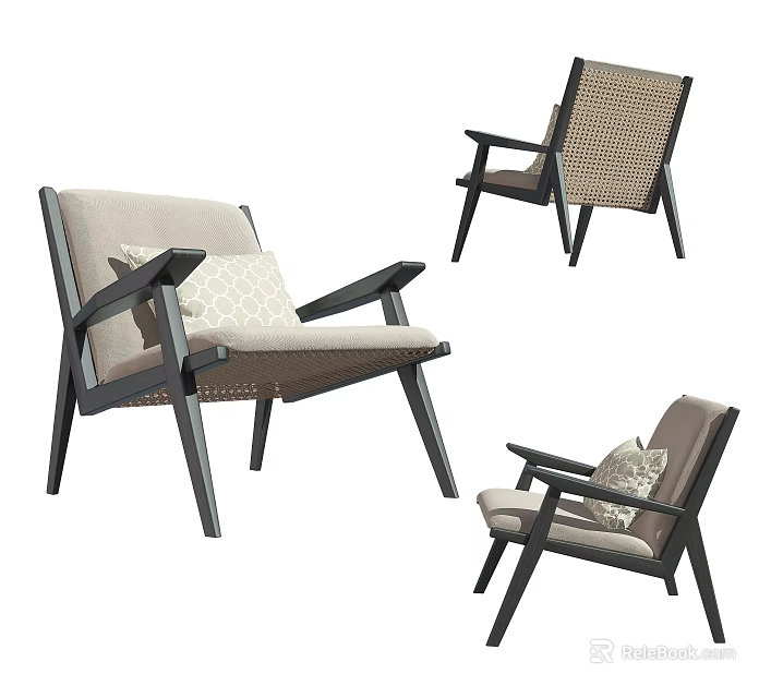 Modern Leisure Chair with Wooden Frame Woven Back and Soft Linen Cushion 3d model 