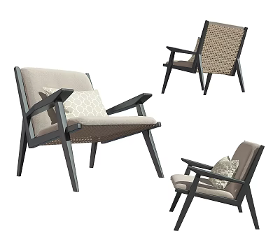 Modern Leisure Chair with Wooden Frame Woven Back and Soft Linen Cushion 3d model