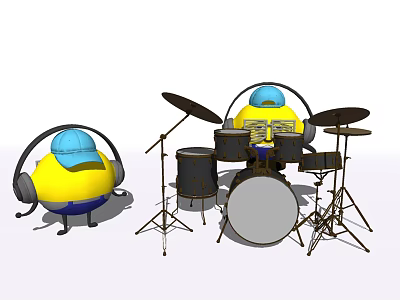 Cartoon Minion Figure With Headphones And Musical Drum Set Instruments 3d model
