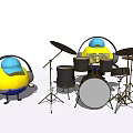 Cartoon Minion Figure With Headphones And Musical Drum Set Instruments