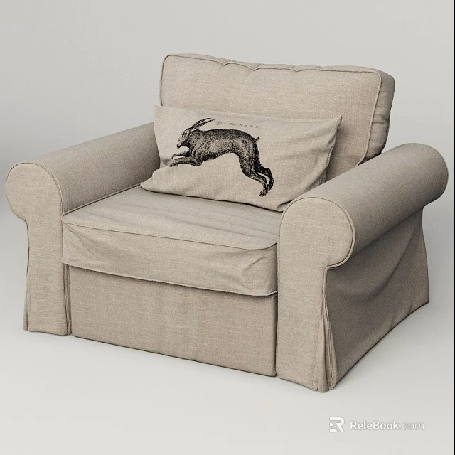 Light Beige Linen Single Sofa With Decorative Pillow Featuring Jumping Rabbit Design 3d model