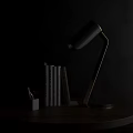 Stylish Desk Lamp With Wooden Arm Black Shade On Wooden Table With Books Pencil Holder