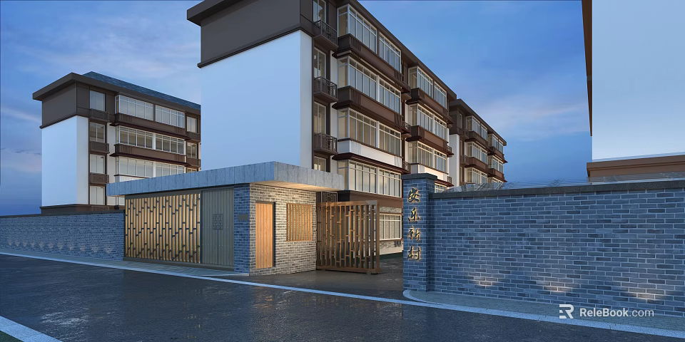 Traditional Chinese Style Multi Story Building Exterior Featuring Brick Wall Wooden Elements And White Walls 3d model 